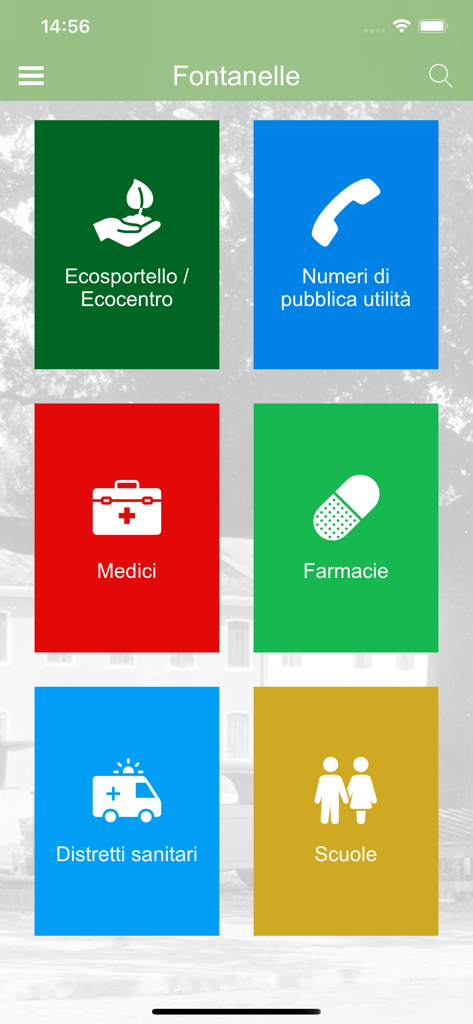 Comune di Fontanelle - Main screen of the Fontanelle municipal app displaying various local service icons and labels