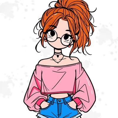girl with a messy ponytail glasses a baggy crop top and jean shorts