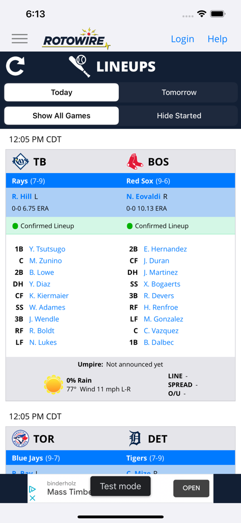 Écran de l'application mobile affichant les compositions de départ confirmées de la MLB et les informations météorologiques sur RotoWire