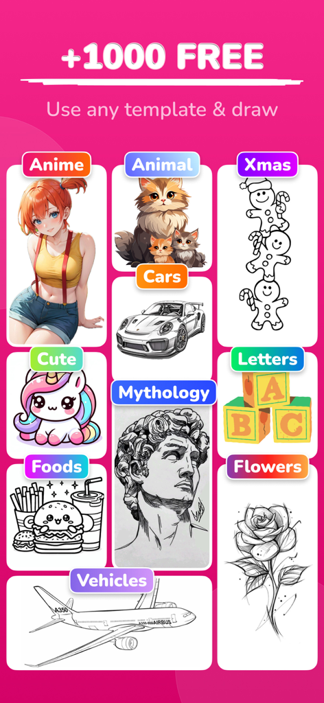 A collection of drawing templates from categories like anime, animals, and mythology.