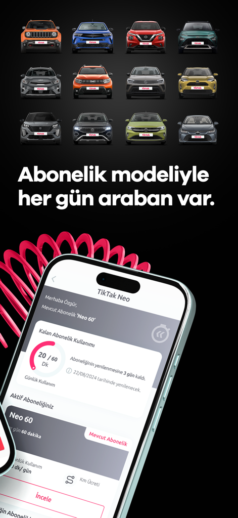 TikTak - Mobile screen displaying TikTak Neo subscription plan and diverse car rental fleet