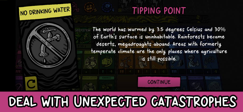 Beecarbonize - Beecarbonize gameplay screen showing a tipping point event with a no drinking water card and climate impact description