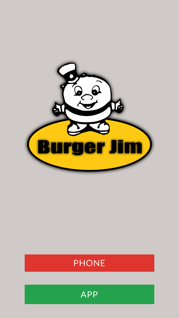 Burger Jim app home screen showing mascot logo and buttons for phone and app