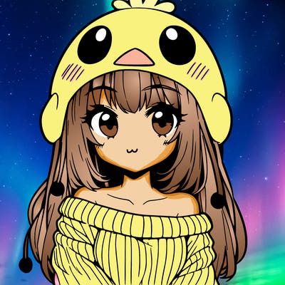 anime girl with chick shaped hat with sweater with bare shoulders with bangs covering them one eye with low tail