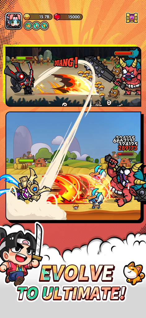 Prince GO - Prince GOのゲームプレイ画面。キャラクターの進化と、赤い悪魔のボスとの戦闘を示しています。