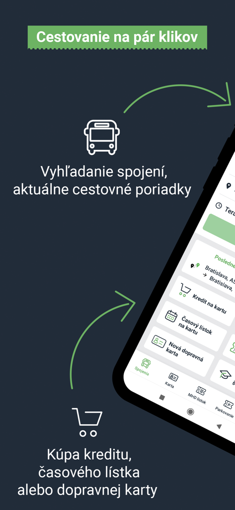 Interface de l'application Ubian affichant les horaires de transport et les options d'achat de billets pour les transports publics en Slovaquie.