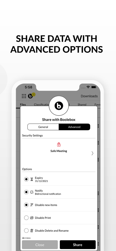 Boolebox - Screenshot dell'app Boolebox che mostra le impostazioni di sicurezza avanzate per la condivisione di file