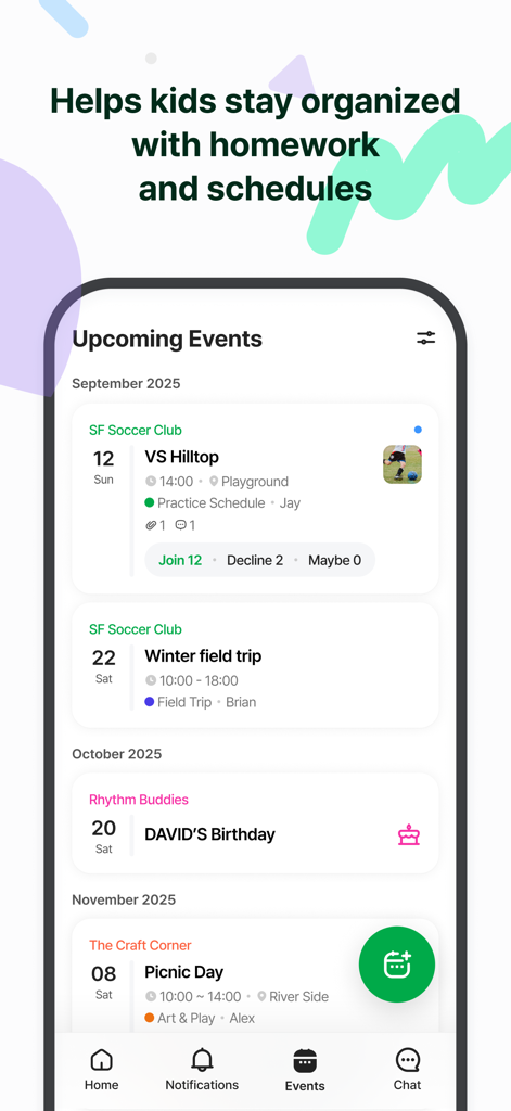 BAND for Kids - Captura de pantalla de la aplicación BAND para Niños que muestra la pantalla de próximos eventos y calendario.