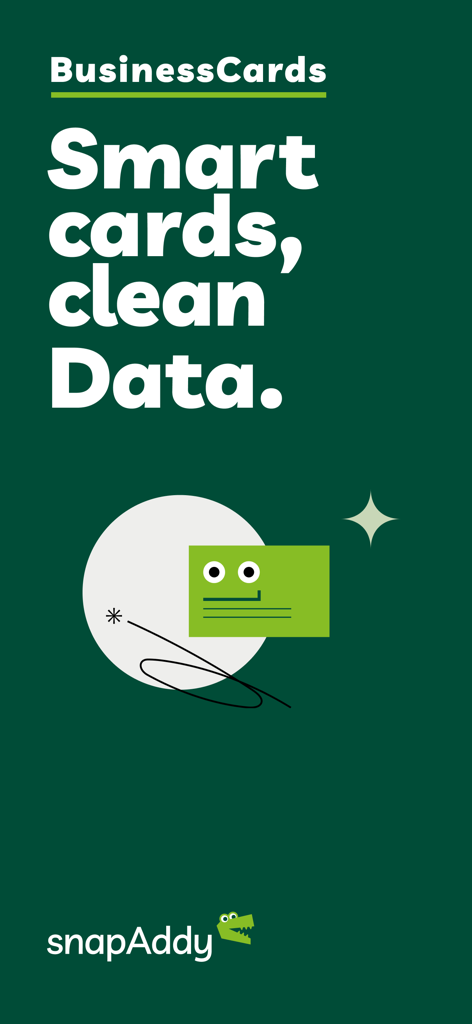 BusinessCards by snapAddy - SnapAddy BusinessCards promotional screen with the slogan Smart cards clean Data