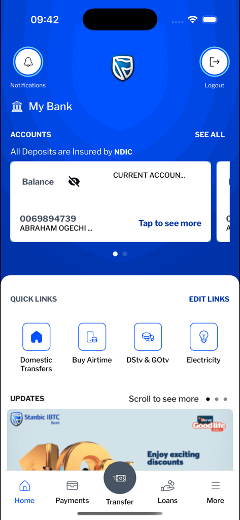 Interface of the Stanbic IBTC Mobile 3.0 app dashboard showing account details and quick links for transfers and bills.