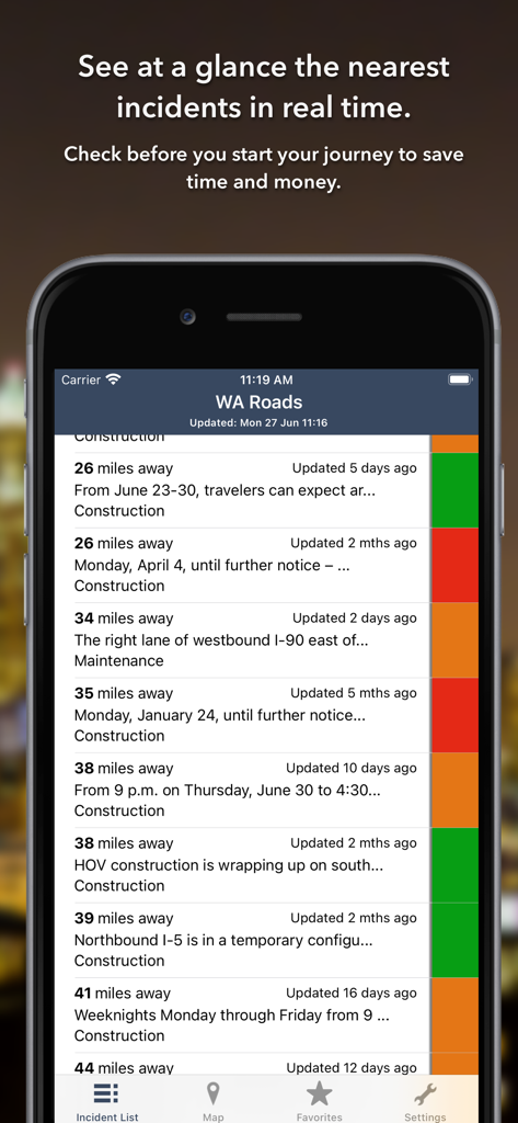 Washington State Roads app showing a list of nearby traffic incidents and construction