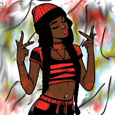 realistic teenage girl with braids and a beanie and crop top doing 🫶🏼