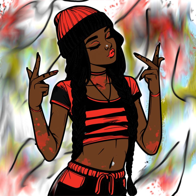 realistic teenage girl with braids and a beanie and crop top doing 🫶🏼