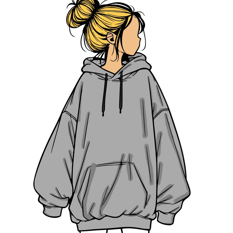 realistic girl with a oversized sweatshirt on and a bun