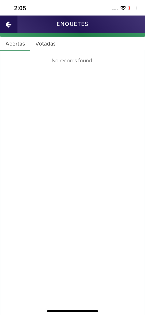 La pantalla de encuestas en la aplicación Garante Curitiba que muestra que no se encontraron registros para encuestas abiertas.