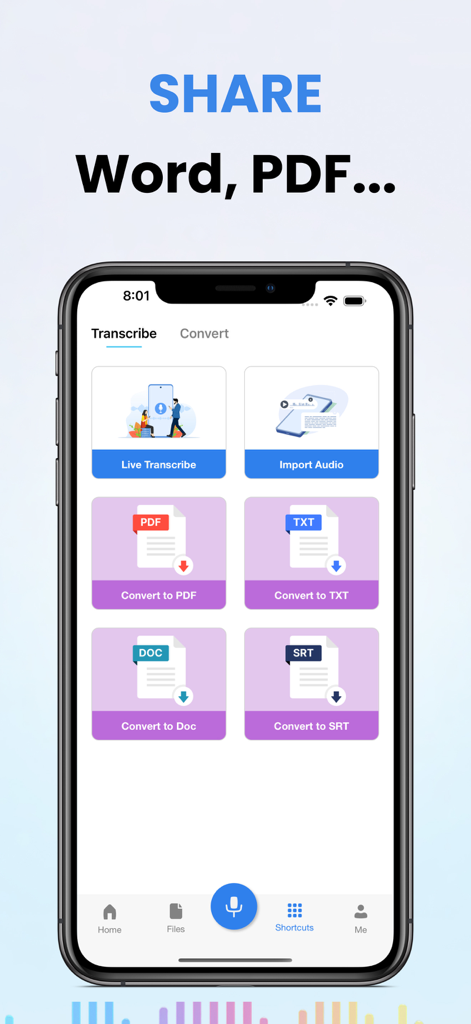 Transcriber • Speech to Text - Transcriber app interface showing conversion options for PDF Word TXT and SRT formats