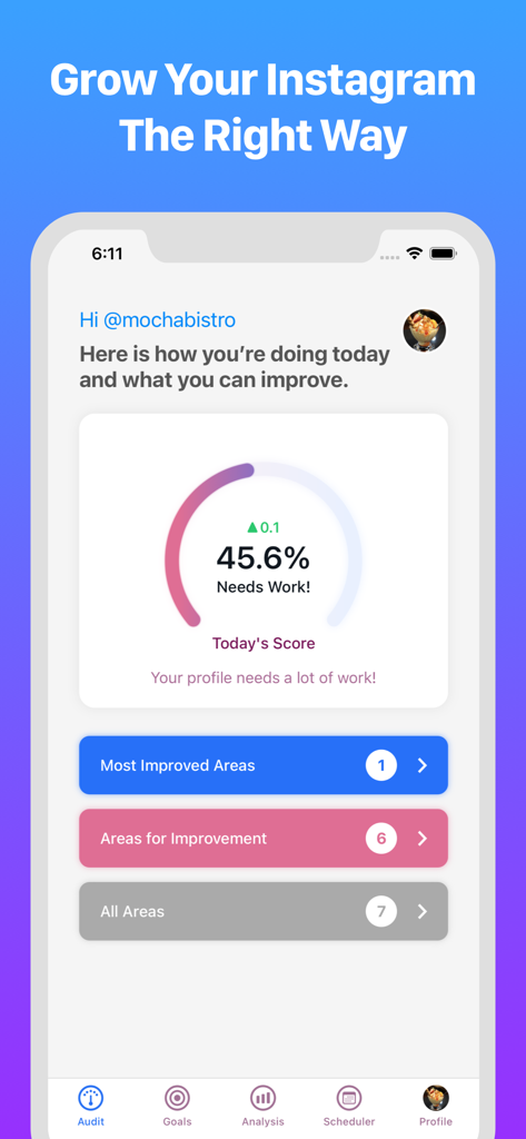 Mobile app interface of InsTrack showing an Instagram performance audit score and improvement recommendations