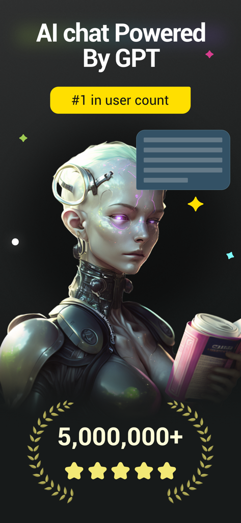 AI ChatBot GPTalk AI Generator - GPTalk AI Chat Bot interface powered by GPT featuring a futuristic robot and a five star rating with five million users.