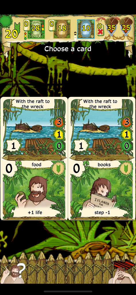 Friday - by Friedemann Friese - Ein Screenshot der Friday Brettspiel-App, der zwei Fähigkeitskarten mit dem Titel „Mit dem Floß zum Wrack“ zur Spielerauswahl zeigt.