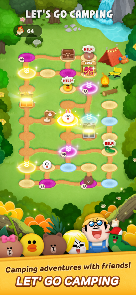 LINE Bubble 2 - Un plateau de jeu de LINE Bubble 2 sur le thème du camping avec divers personnages et coffres au trésor.