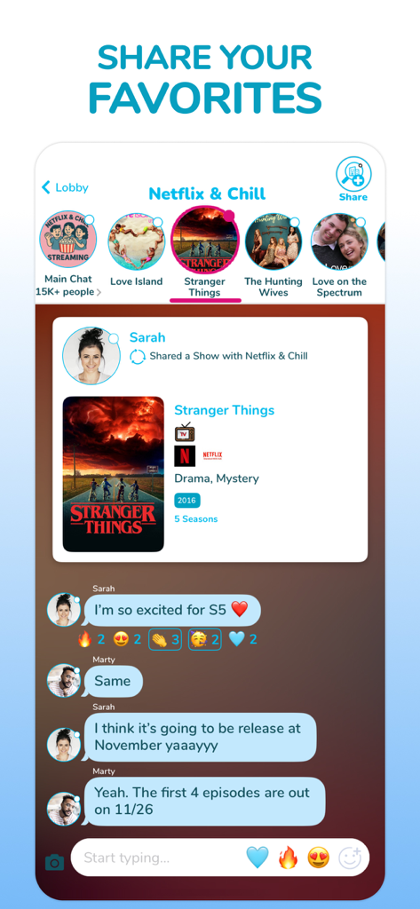 Une capture d'écran de l'interface de chat de l'application Sircles où les amis partagent et discutent de leurs émissions de télévision préférées comme Stranger Things