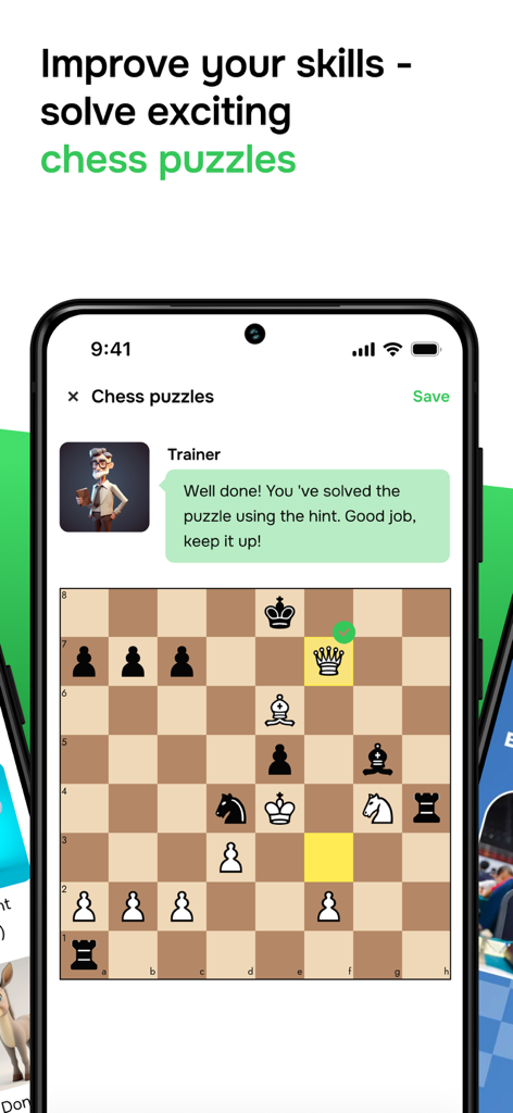 A smartphone screen showing a chess puzzle being solved with trainer feedback and piece highlights in the idChess app