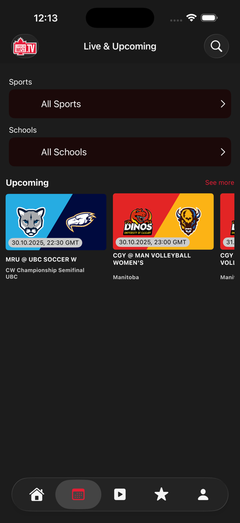 CanadaWest.TV - CanadaWest.TV app interface showing upcoming live soccer and volleyball university games with team logos and match times
