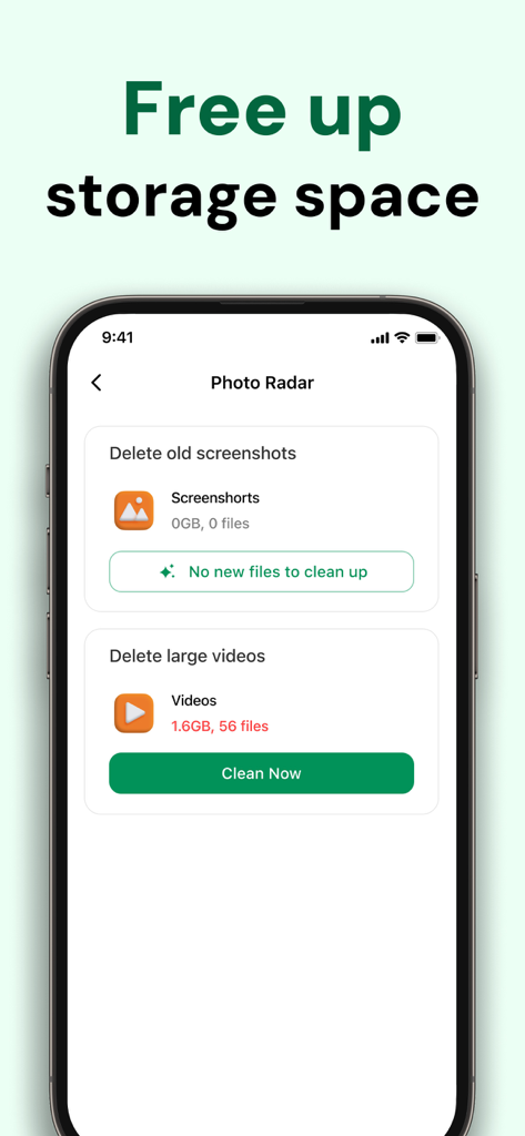 CallGuru: Reverse Phone Lookup - CallGuru Photo Radar feature showing options to delete large videos and free up storage space