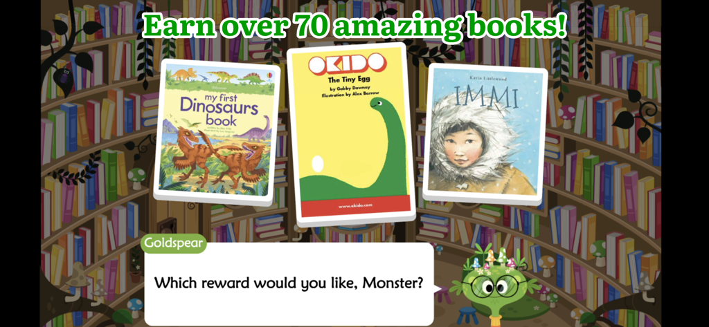 A monster character presenting children with a choice of book rewards in a library setting