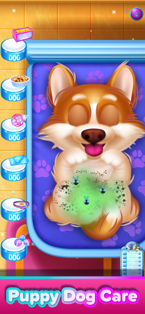 Play Toy & Pet Doctor - Un cachorro de dibujos animados con suciedad y moscas en su barriga en una escena de juego de cuidado de mascotas
