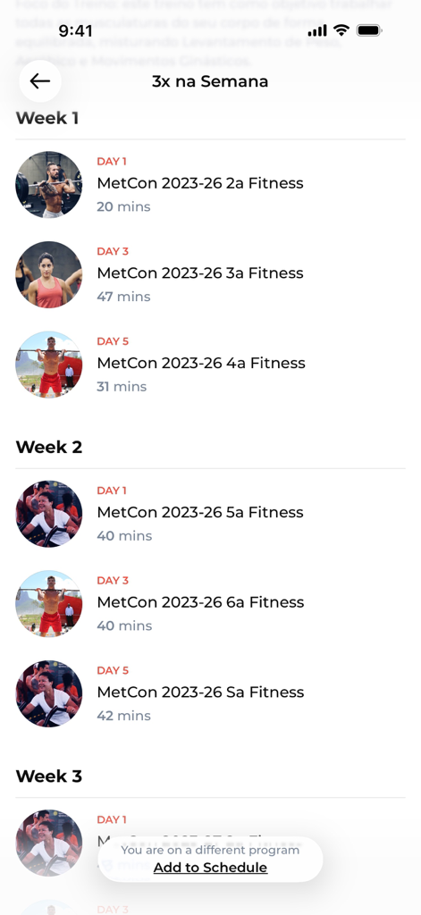 Hibrido+ - Uma captura de tela do aplicativo Hibrido plus mostrando um plano de treino semanal estruturado com sessões e durações específicas de MetCon.