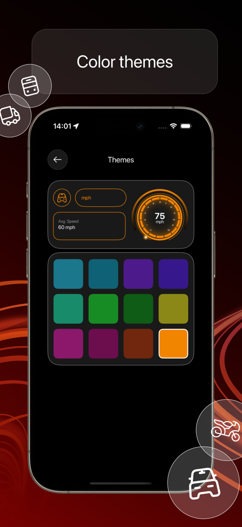 GPS Speedometer: Tracker MPH - GPSスピードメーターアプリのダッシュボードインターフェースのカラーテーマカスタマイズを示すiPhone画面