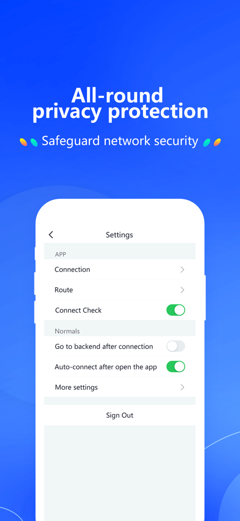 QuickQ VPN-Einstellungen-Bildschirm mit Verbindungs- und Datenschutzeinstellungen.