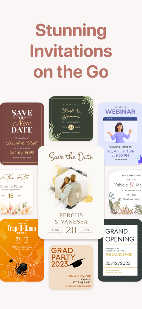 Collage de plantillas de invitaciones profesionales para bodas, fiestas y eventos en móvil