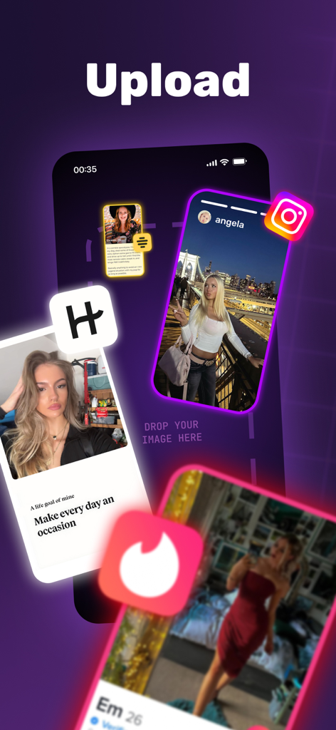 Flirt AI: Texting Assistant - Interface de l'application Flirt AI montrant comment télécharger des captures d'écran de profils de rencontres de Tinder Hinge et Instagram pour des réponses générées par IA