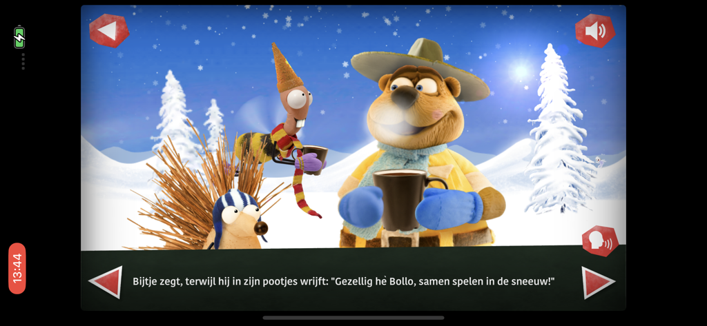 Bollo der Bär und seine Freunde genießen heißen Kakao in einer verschneiten Winterlandschaft