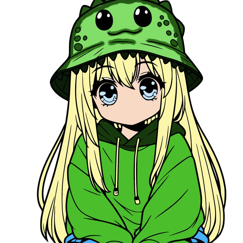girl with anime shaped eyes with a dinosaur bucket hat oversized sweatshirt long straight hair
