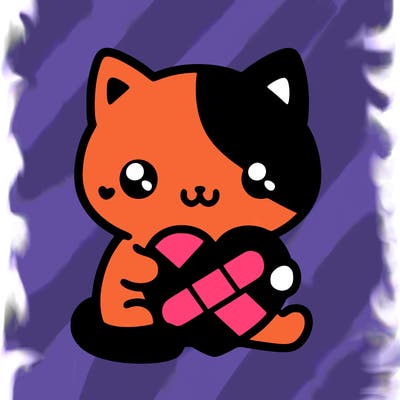 a cat that is black and white, holding a heart that is red with a bandage around it that is pink