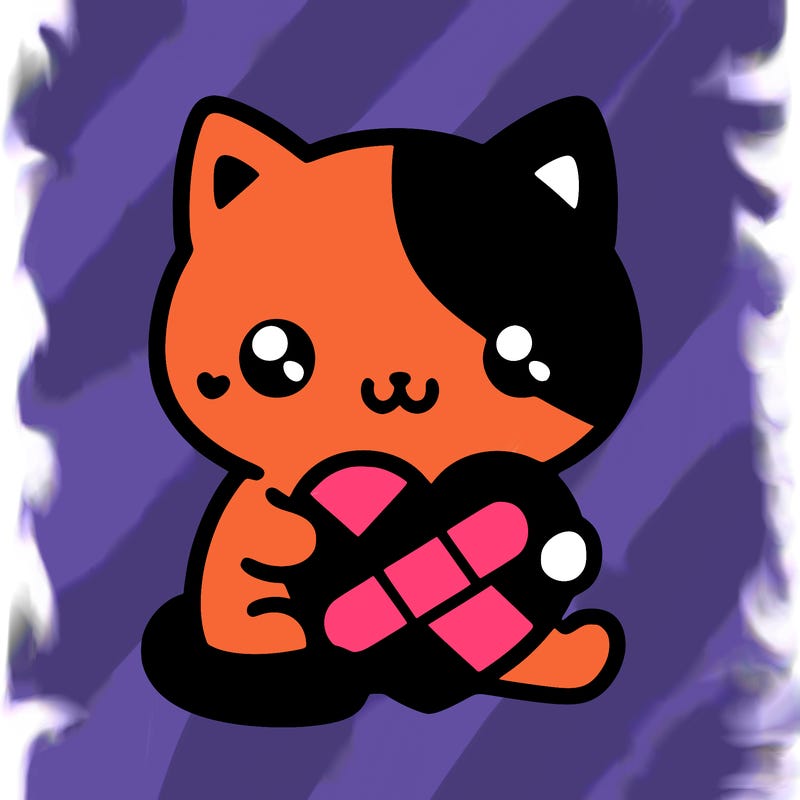 a cat that is black and white, holding a heart that is red with a bandage around it that is pink