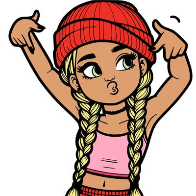 realistic teenage girl with braids and a beanie and crop top doing 🫶🏼
