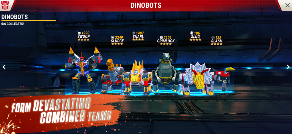 Transformers: Earth Wars - Ein Team von sechs Dinobots, einschließlich Grimlock und Swoop, im Showroom von Transformers Earth Wars