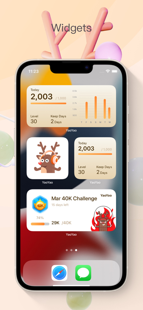 YaoYao jump rope fitness widgets on an iPhone home screen showing daily jump counts and workout challenges