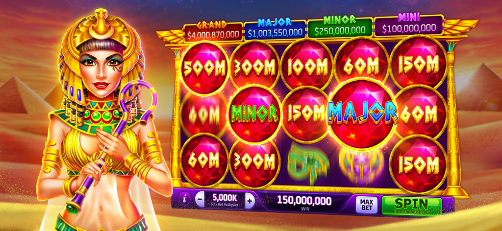 Ancient Egyptian themed slot machine screen featuring a queen character and massive jackpot rewards.