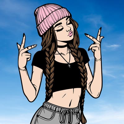 realistic teenage girl with braids and a beanie and crop top doing 🫶🏼
