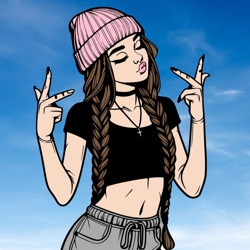 realistic teenage girl with braids and a beanie and crop top doing 🫶🏼