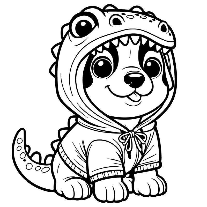 dog in a dinosaur hoodie