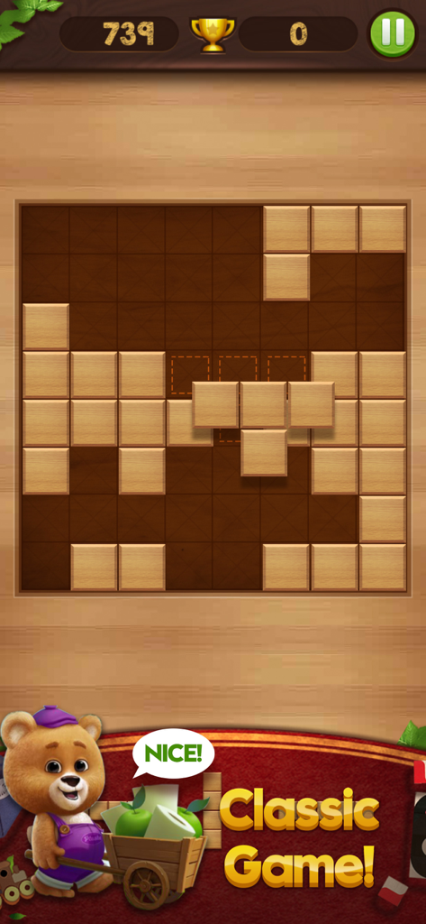 Block Puzzle Wood - A wooden block puzzle game board with a cartoon bear character and classic game text