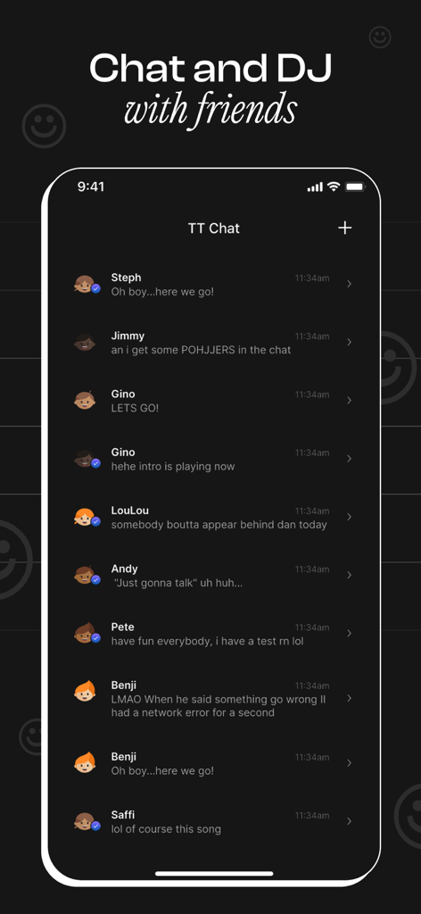 Una captura de pantalla de la aplicación Hangout que muestra un chat de texto en vivo entre usuarios con sus avatares de perfil