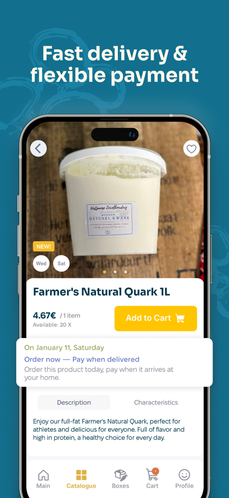 FarmToHome: Buy from Farmers - Product page for natural quark on the FarmToHome app showcasing fast delivery and pay on delivery features