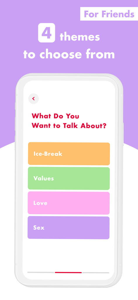 Sekirara: Conversation Starter - Eine mobile App-Oberfläche zeigt vier Gesprächskategorien: Eisbrecher, Werte, Liebe und Sex.